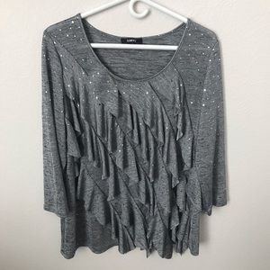 Grey Sequin Top with Diagonal Ruffles
